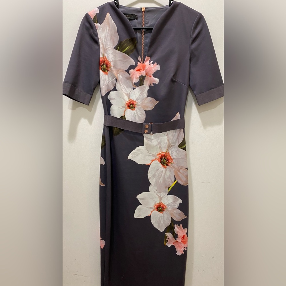 Ted Baker London Floral Print Belted Body-Con Dress (Size 1)